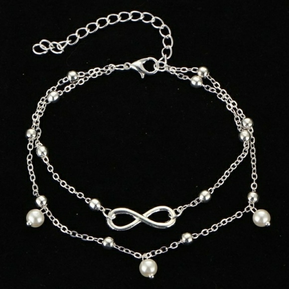 Silver Infinity Pearl Double Chain Anklet - Picture 2 of 2
